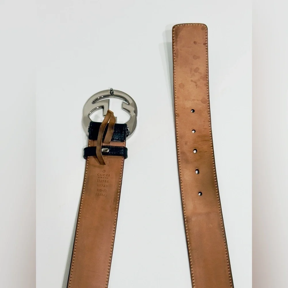 Gucci Web Canvas Black Leather Belt 114984 Silver Interlocking G Buckle 100/40